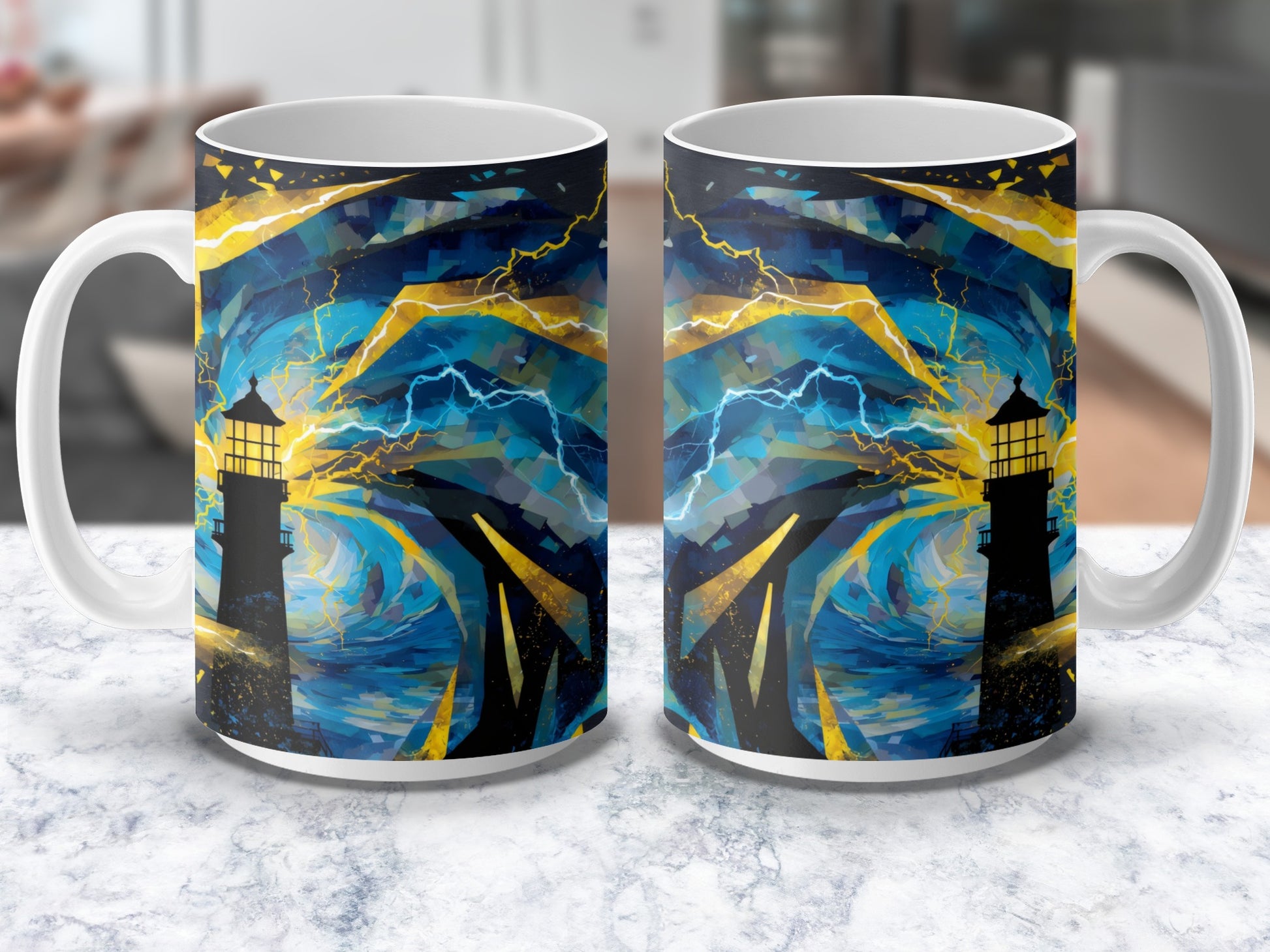 Lighthouse Stormy Sea Coffee Mug, Abstract Art Blue Yellow Ceramic Cup, Unique Gift Idea, Home Decor Drinkware