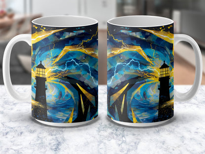 Lighthouse Stormy Sea Coffee Mug, Abstract Art Blue Yellow Ceramic Cup, Unique Gift Idea, Home Decor Drinkware