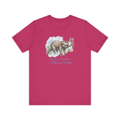 Fuchsia t-shirt with watercolor sloth and text "My Spirit Animal is a Sloth on a Monday".