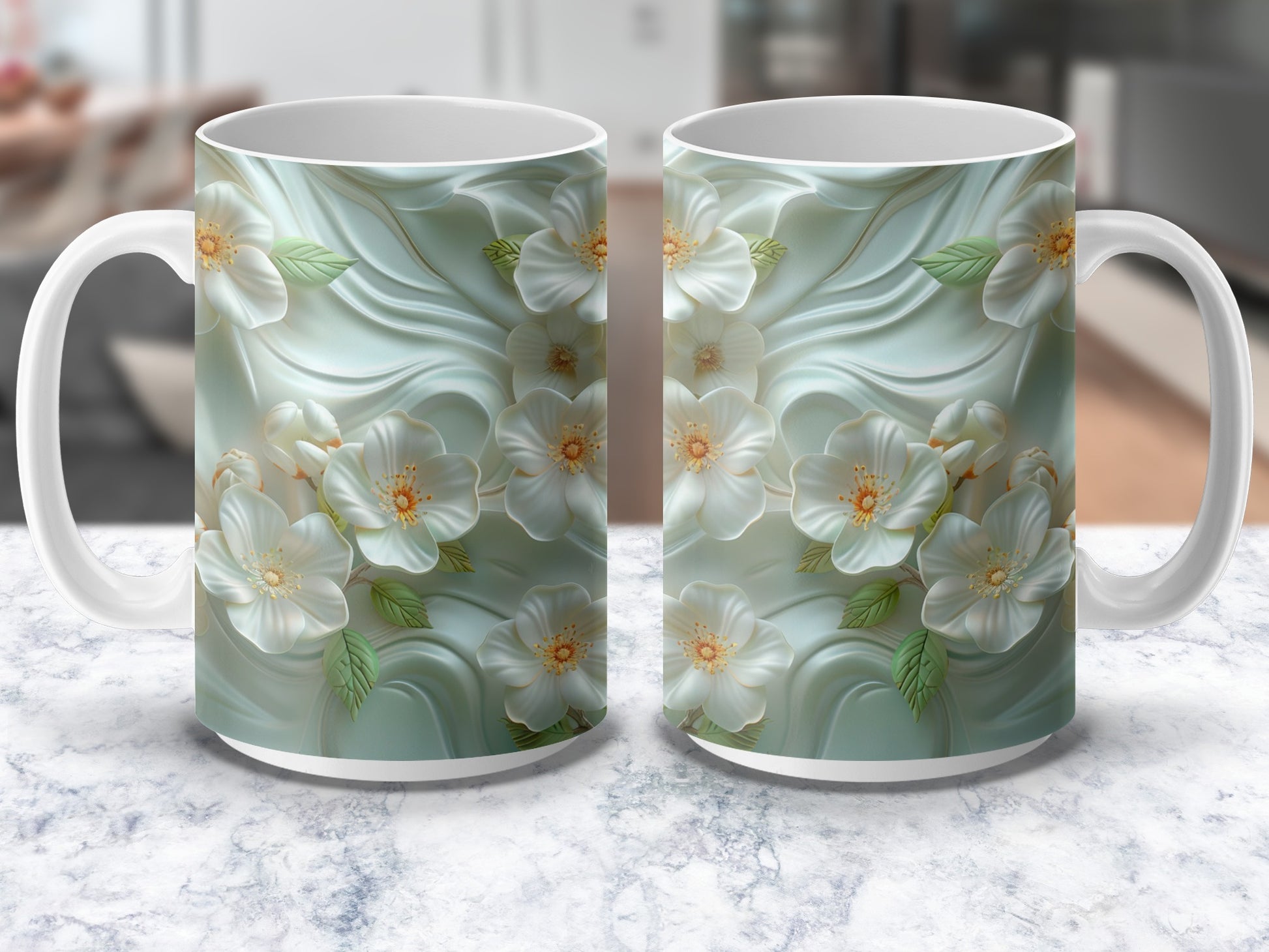 Floral Ceramic Mugs, Elegant White Blossom Print, Green Background, Set of Two, Perfect Gift Idea