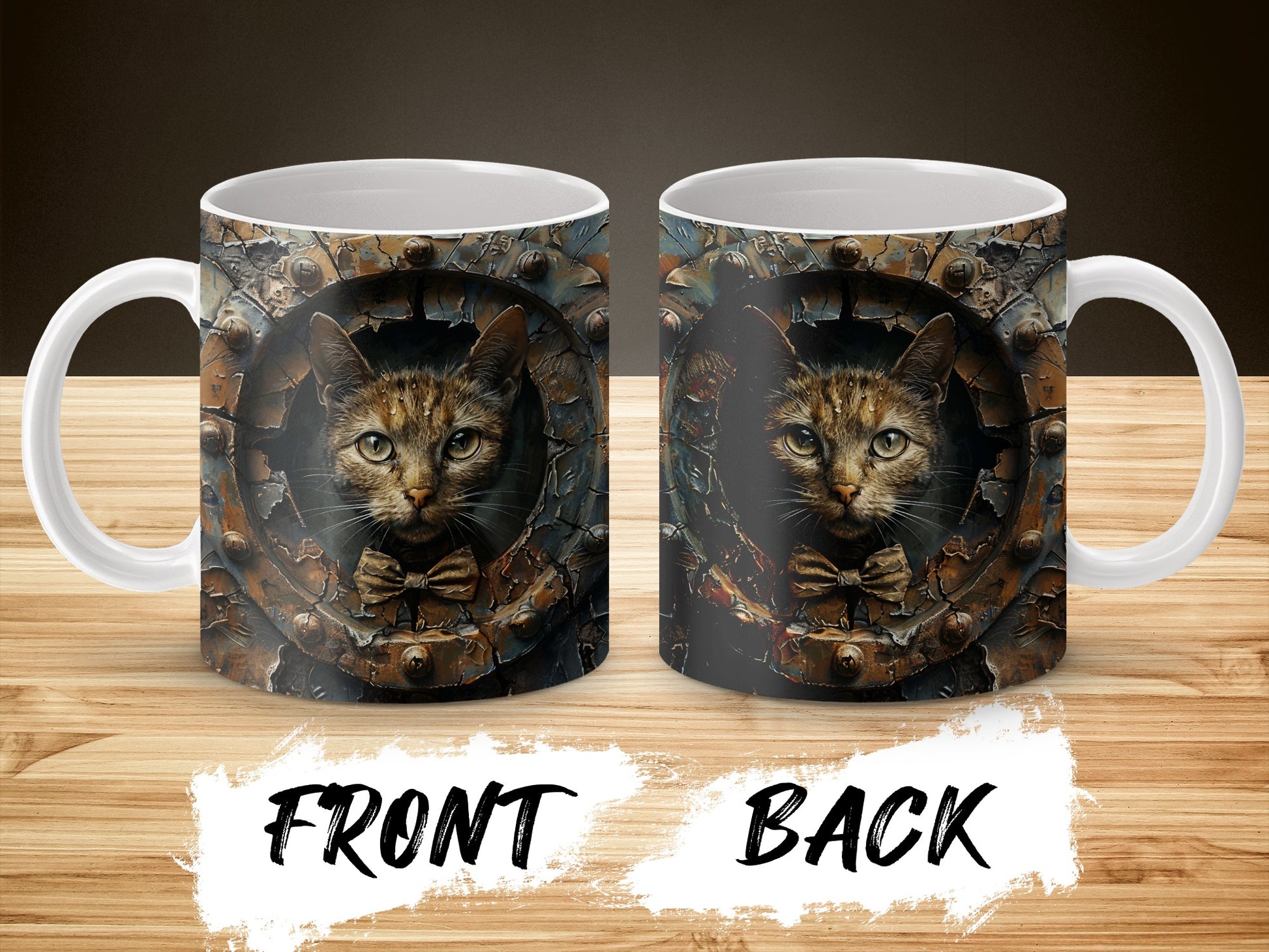 Steampunk Cat Mug, Vintage Mechanical Kitten Coffee Cup, Unique Cat Lover Gift, Cool Cat Themed Kitchen Decor, Front and Back Design