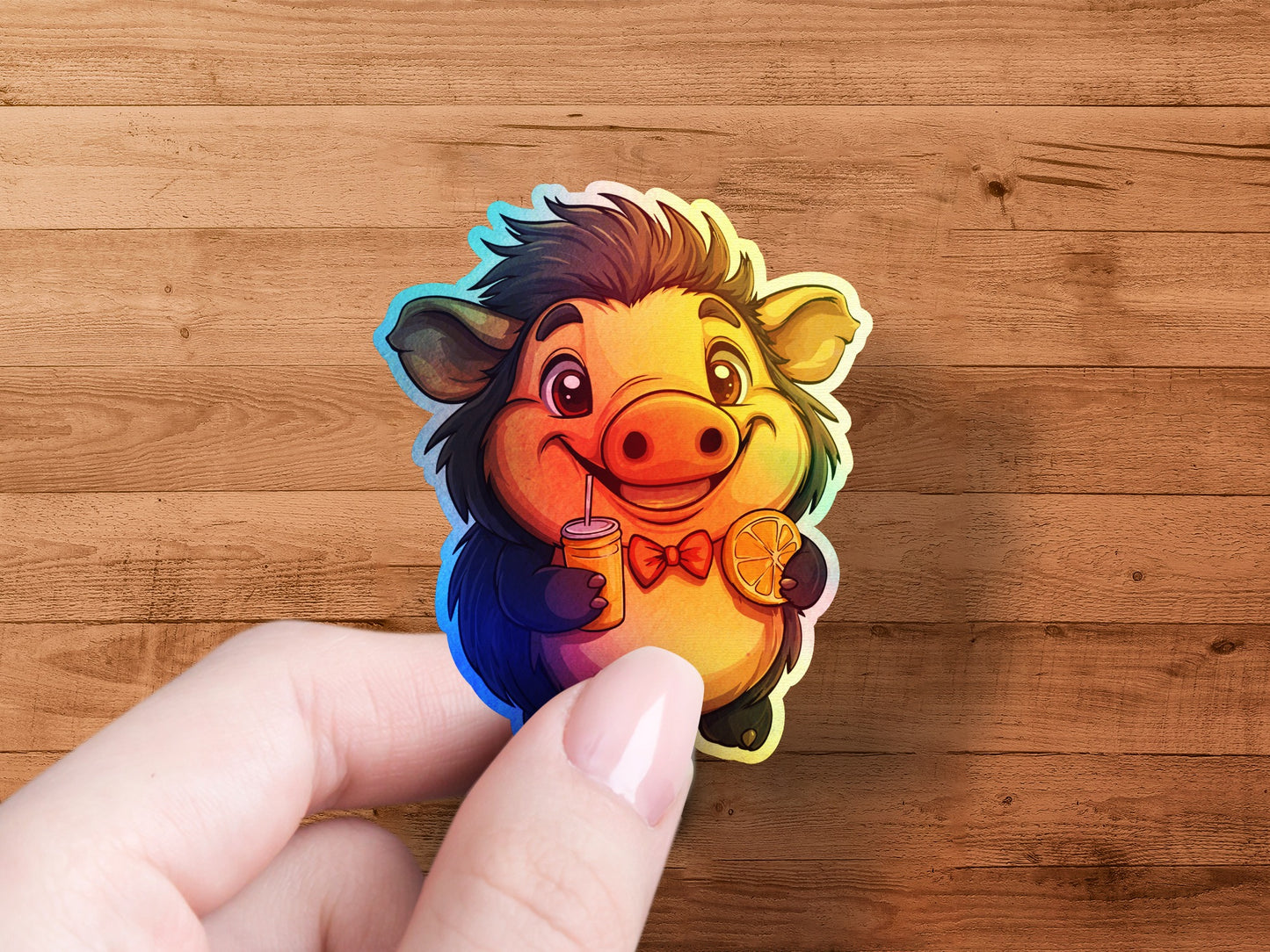 Cute Cartoon Boar with Drink Colorful Sticker product type
