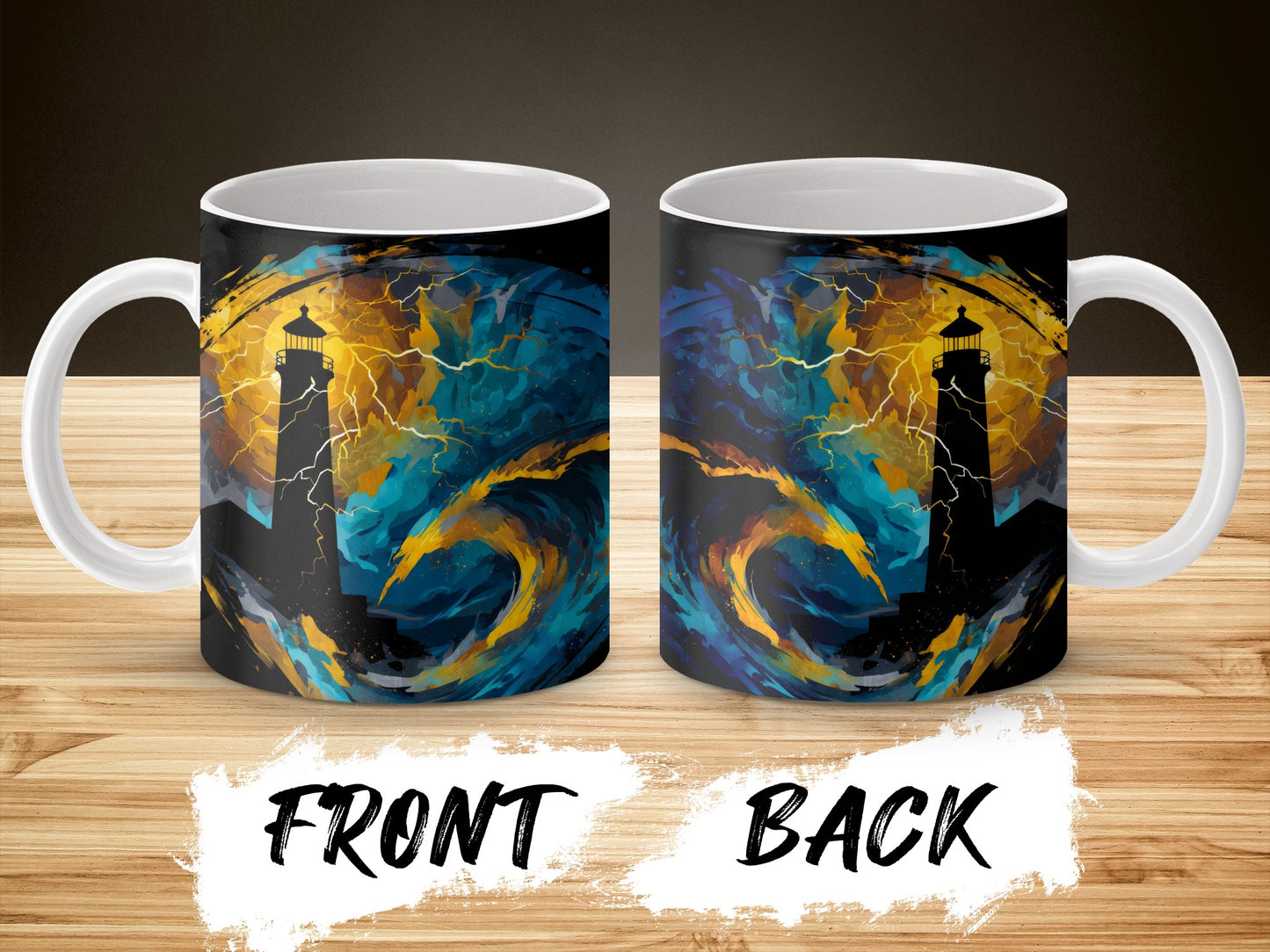 Lighthouse Stormy Sea Coffee Mug, Ocean Themed Artistic Ceramic Cup, Unique Nautical Gift Idea, Colorful Wave Design, Double-Sided Print