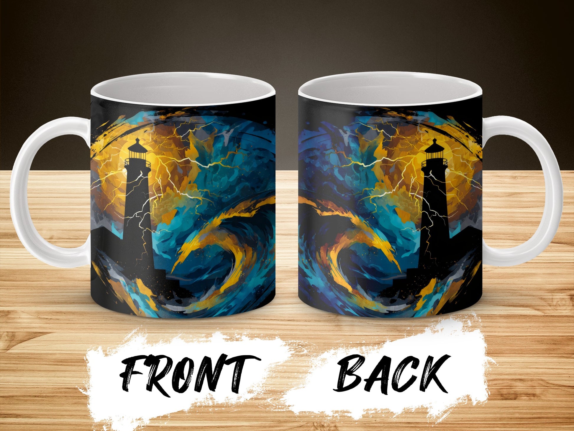Lighthouse Stormy Sea Coffee Mug, Ocean Themed Artistic Ceramic Cup, Unique Nautical Gift Idea, Colorful Wave Design, Double-Sided Print