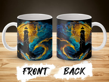 Lighthouse Stormy Sea Coffee Mug, Ocean Themed Artistic Ceramic Cup, Unique Nautical Gift Idea, Colorful Wave Design, Double-Sided Print