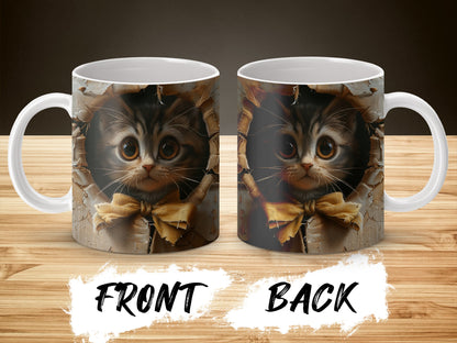 Cute Cat Coffee Mug, Kitten Peek-a-boo Design, Tear Paper Print, Novelty Cat Lover Gift, Double-Sided Graphic Mug, Unique Drinkware