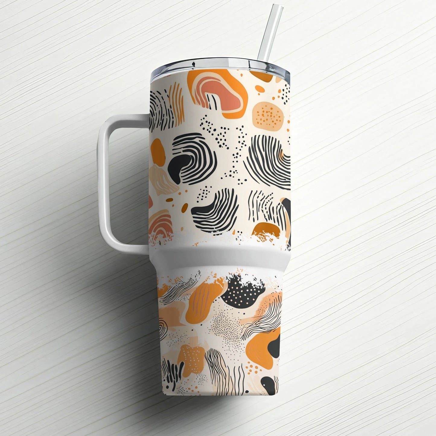 Abstract Art Travel Mug, Insulated Coffee Cup with Lid, Black and Orange Pattern, Unique Drinkware Gift, Modern Style Tumbler