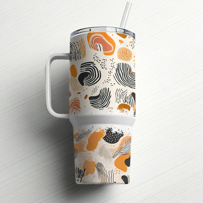 Abstract Art Travel Mug, Insulated Coffee Cup with Lid, Black and Orange Pattern, Unique Drinkware Gift, Modern Style Tumbler
