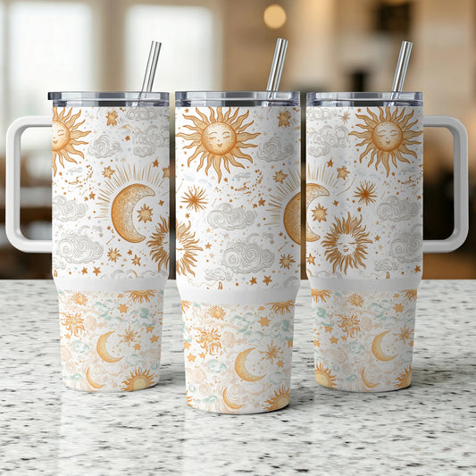 Celestial Sun and Moon Print Tumblers, Insulated Travel Cups with Straws, 20 oz Stainless Steel Drinkware Set of 3