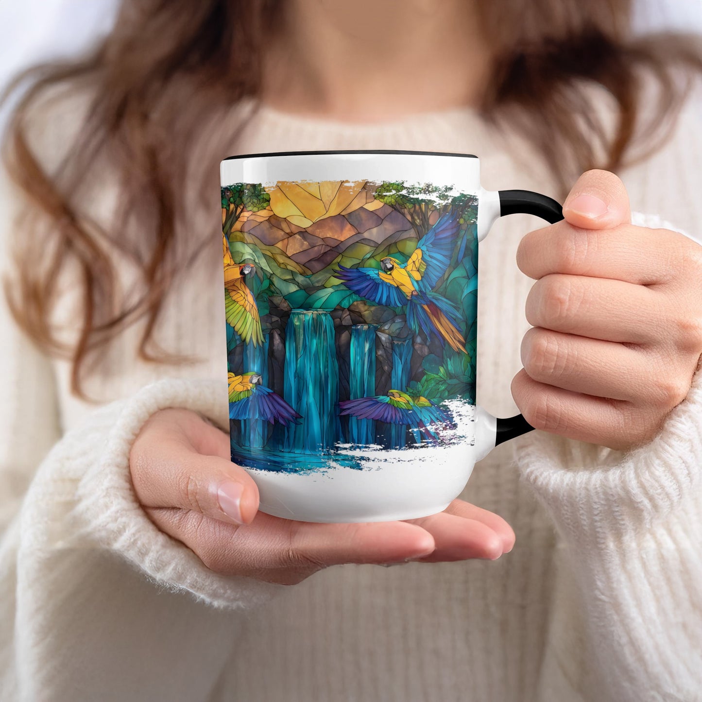 Vibrant Tropical Birds and Waterfall Art Mug product
