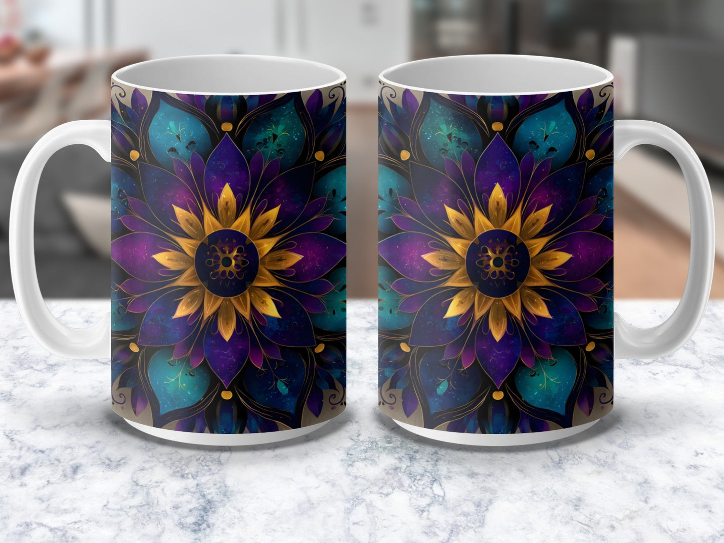 Colorful Mandala Flower Mug, Artistic Floral Design Coffee Cup, Unique Gift Idea, Vibrant Home Decor