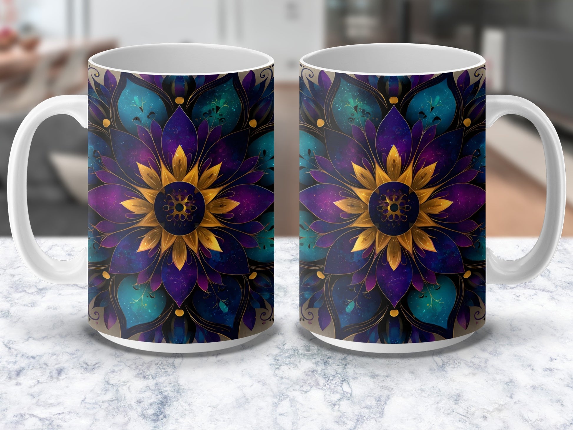 Colorful Mandala Flower Mug, Artistic Floral Design Coffee Cup, Unique Gift Idea, Vibrant Home Decor