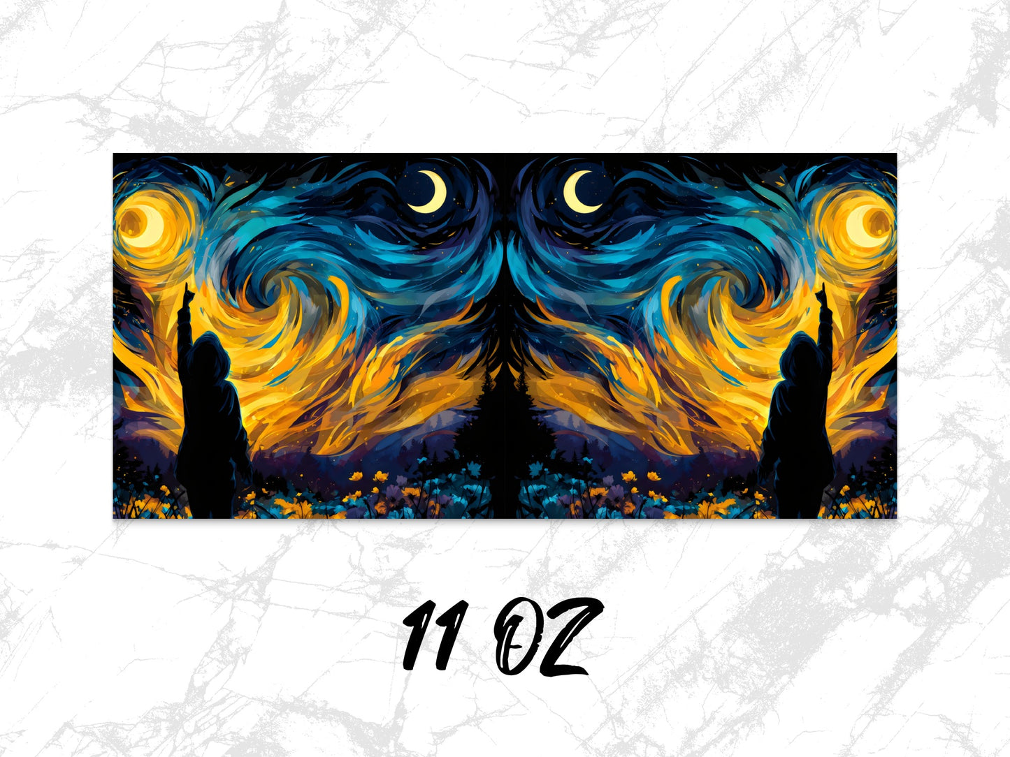 Van Gogh Style Starry Night Symmetrical Art Coffee Mug, 11 Oz Large Handle Ceramic Cup for Hot Drinks