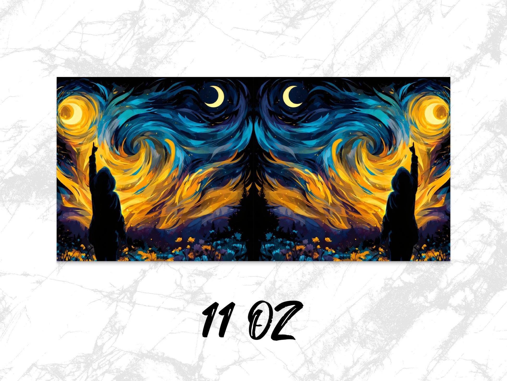 Van Gogh Style Starry Night Symmetrical Art Coffee Mug, 11 Oz Large Handle Ceramic Cup for Hot Drinks