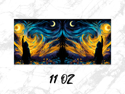 Van Gogh Style Starry Night Symmetrical Art Coffee Mug, 11 Oz Large Handle Ceramic Cup for Hot Drinks