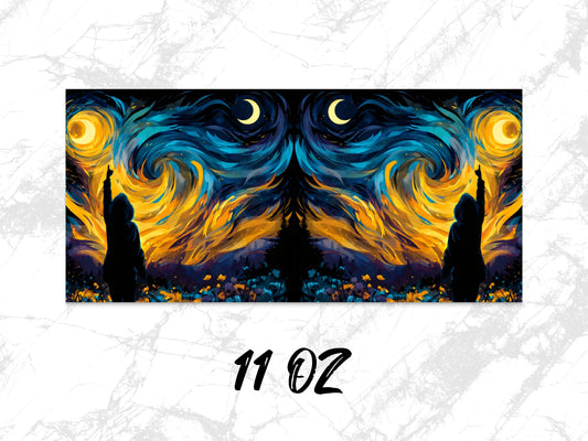 Van Gogh Style Starry Night Symmetrical Art Coffee Mug, 11 Oz Large Handle Ceramic Cup for Hot Drinks
