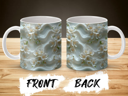 Floral Coffee Mug, Elegant White Blossom Design on Blue Background, Ceramic Tea Cup, Front and Back Print, Gift Idea