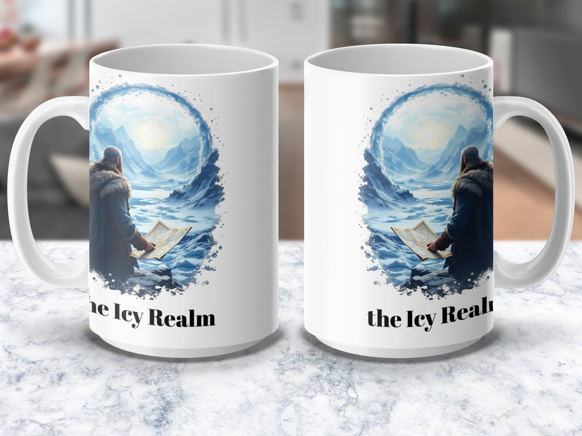 Fantasy Ocean Mug, Icy Realm Explorer Design, Blue White Nautical Coffee Cup, Unique Gift Idea for Book Lovers and Adventurers