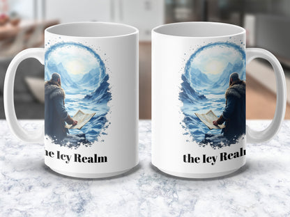 Fantasy Ocean Mug, Icy Realm Explorer Design, Blue White Nautical Coffee Cup, Unique Gift Idea for Book Lovers and Adventurers