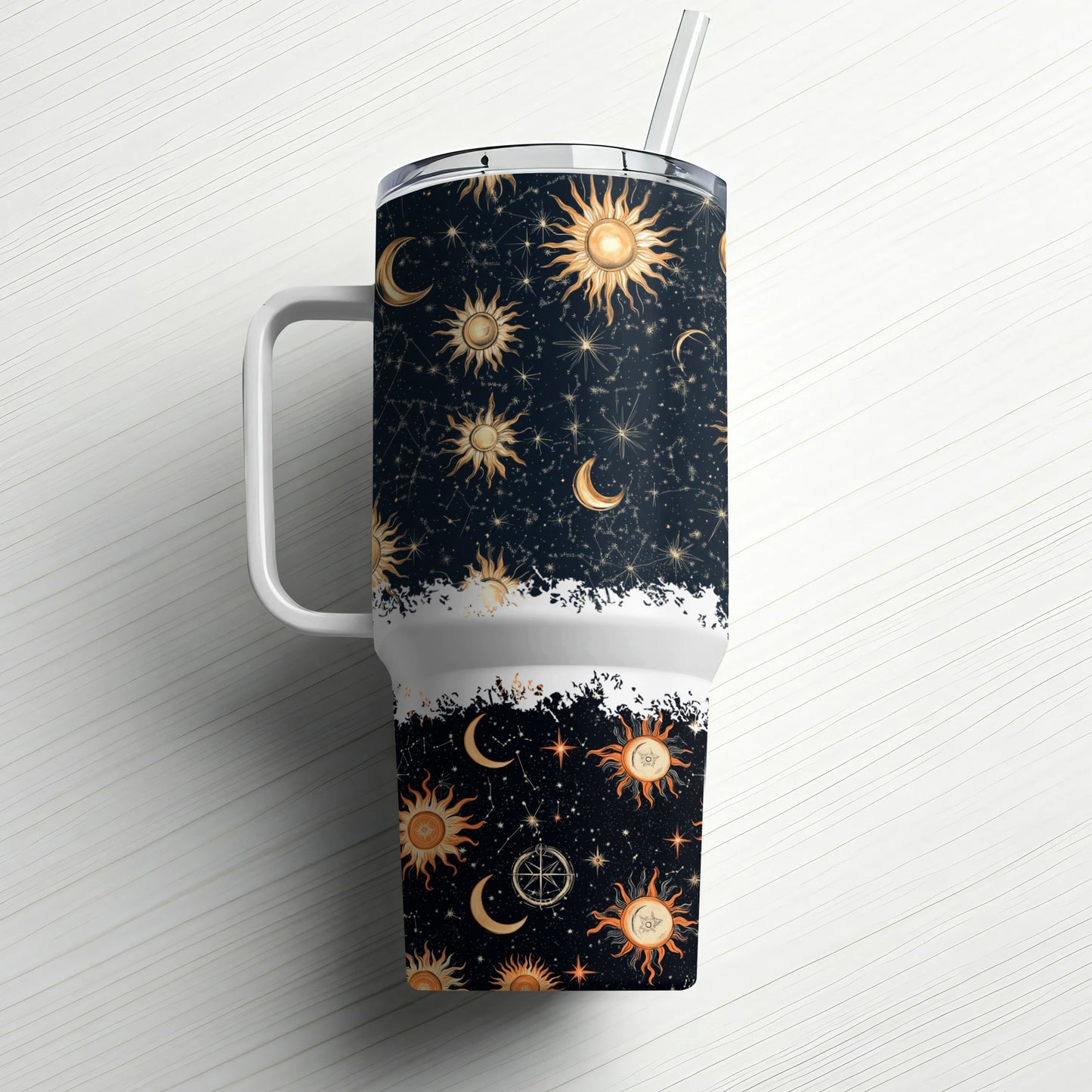Celestial Sun and Moon Design Tumbler, Black and White Insulated Travel Mug, Unique Astrology Coffee Cup with Straw