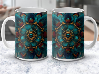 Bohemian Style Mandala Coffee Mug, Turquoise and Orange Feather Design, Unique Artistic Drinkware, Perfect Gift