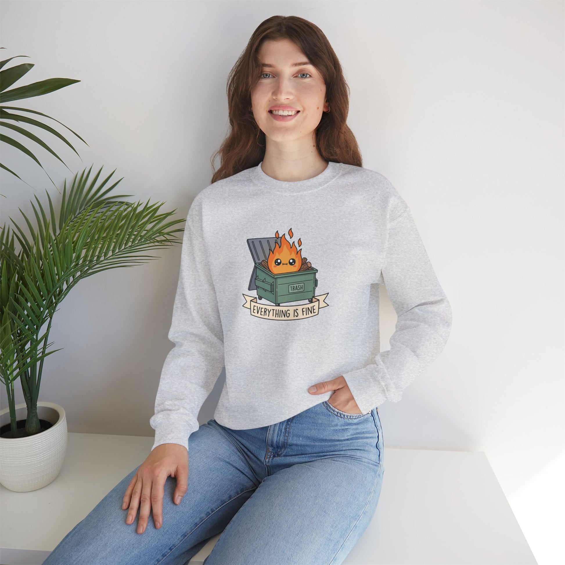 Gray sweatshirt with a cartoon dumpster fire graphic that reads "Everything is fine."