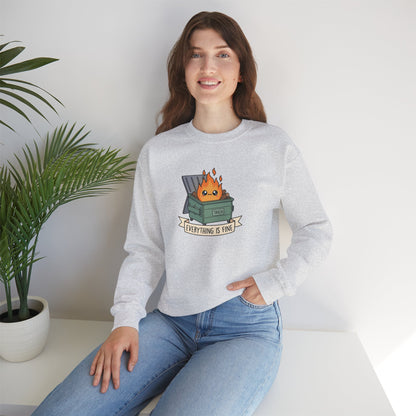 Gray sweatshirt with a cartoon dumpster fire graphic that reads "Everything is fine."
