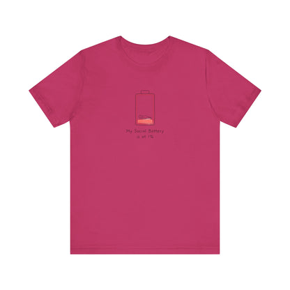 Magenta t-shirt with a low battery graphic and text "My Social Battery is at 1%".