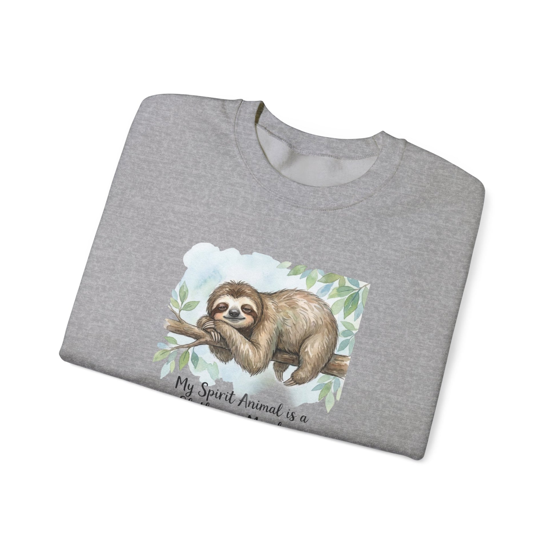 Gray sweatshirt with watercolor sloth graphic on a branch and text.
