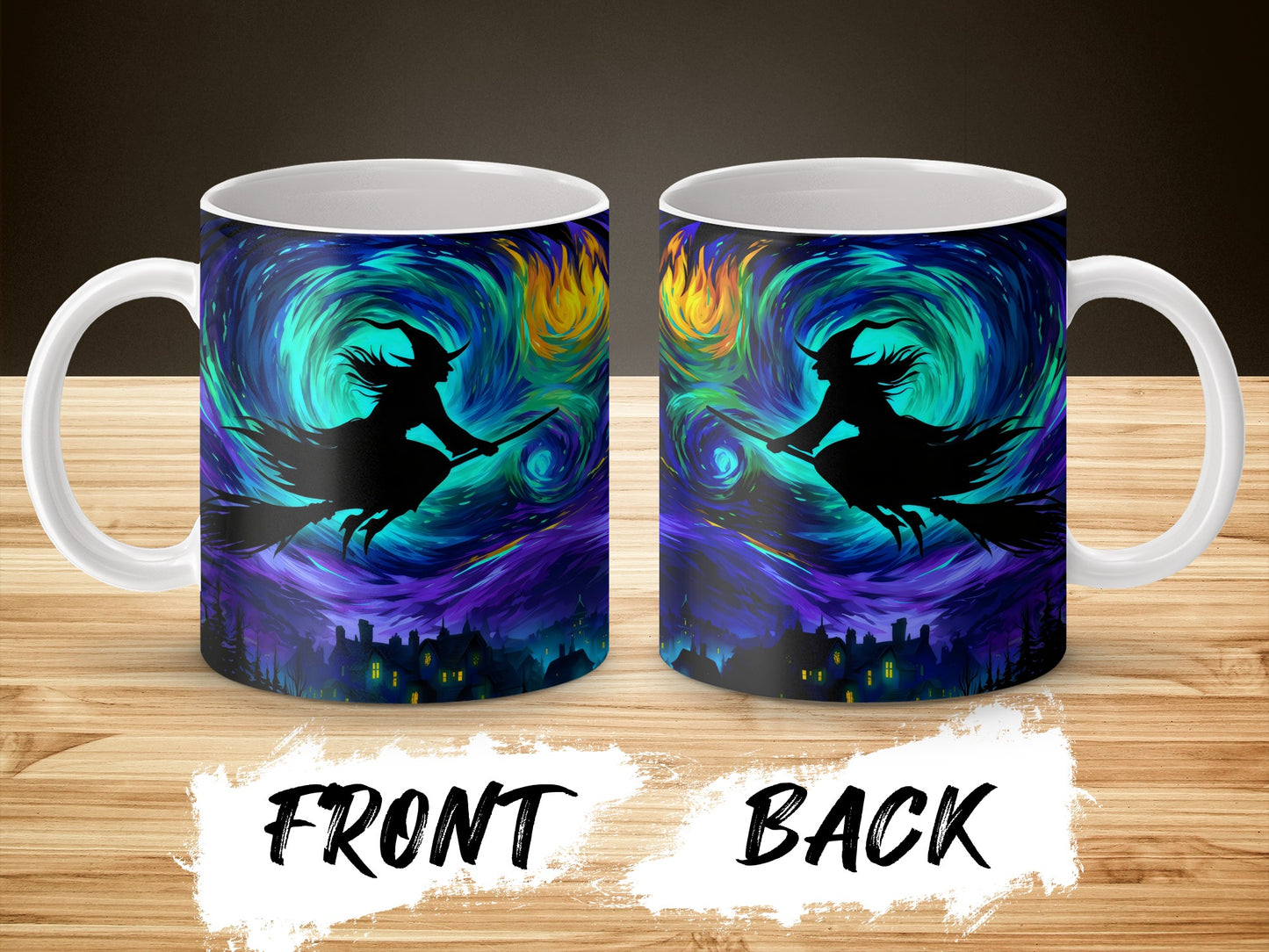 Colorful Witch and Cat Silhouette Mug, Fantasy Art Coffee Cup, Unique Gift for Halloween, Magical Night Sky Design, Double-Sided Print