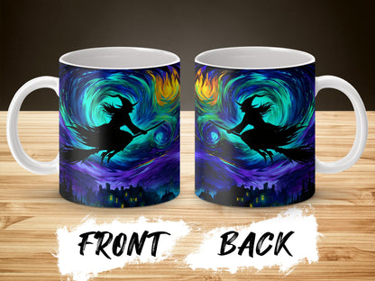 Colorful Witch and Cat Silhouette Mug, Fantasy Art Coffee Cup, Unique Gift for Halloween, Magical Night Sky Design, Double-Sided Print