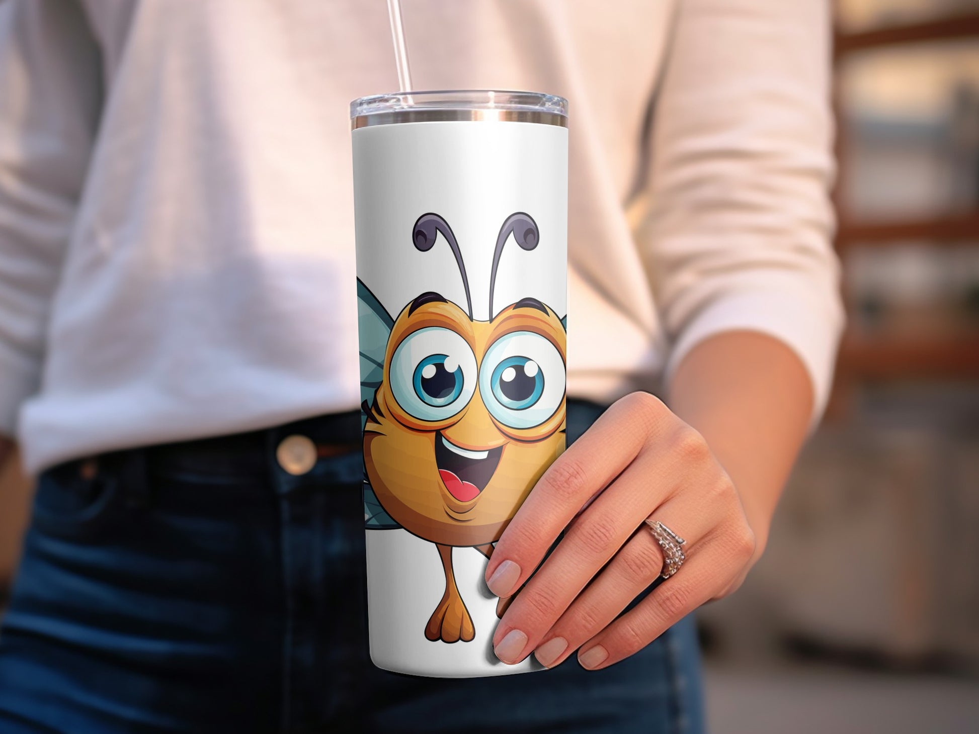 Cute Cartoon Bee Tumbler with Straw, Insulated Travel Mug, Kids Drinkware, Stainless Steel, Personalized Gift Option
