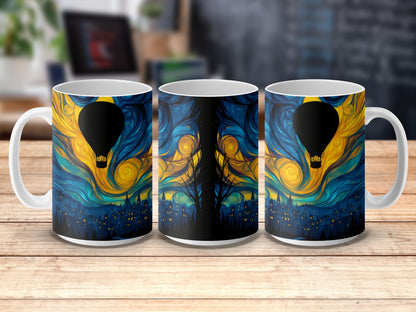 Van Gogh Inspired Starry Night Ceramic Mugs, Artistic Hot Air Balloon Coffee Cups, Unique Gift Idea