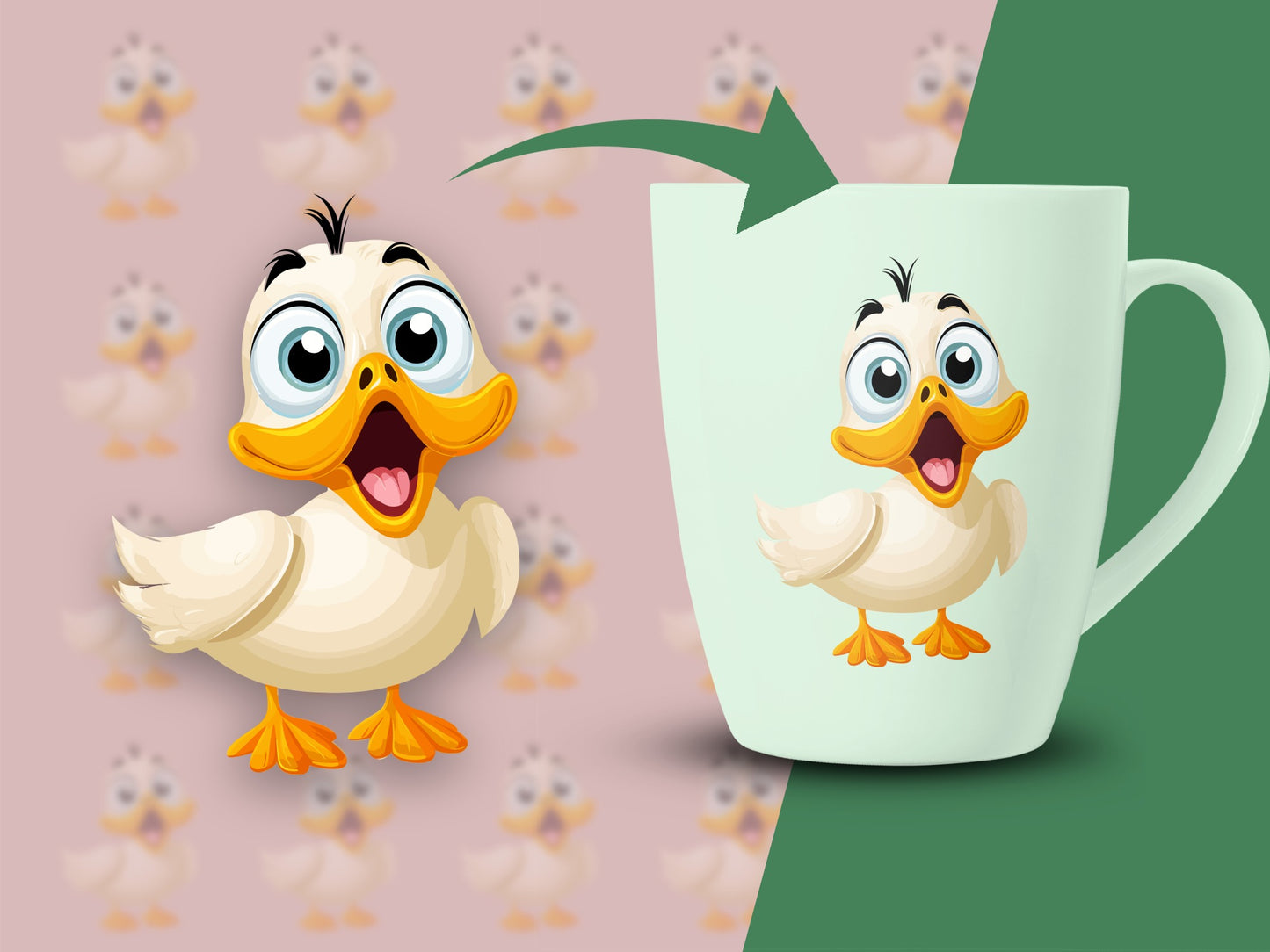 Cute Duck Cartoon Coffee Mug, Fun Quirky Animal Design, Unique Gift Item, Light Green Background