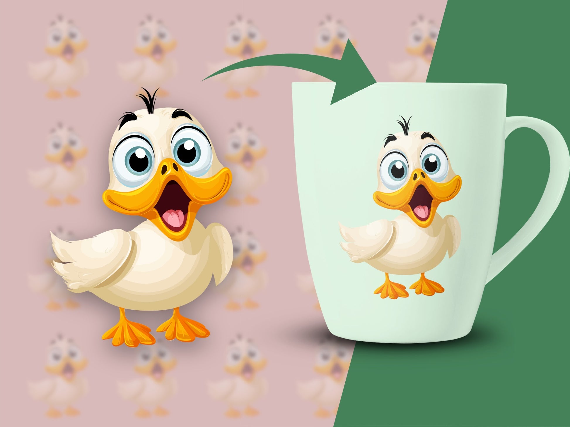 Cute Duck Cartoon Coffee Mug, Fun Quirky Animal Design, Unique Gift Item, Light Green Background