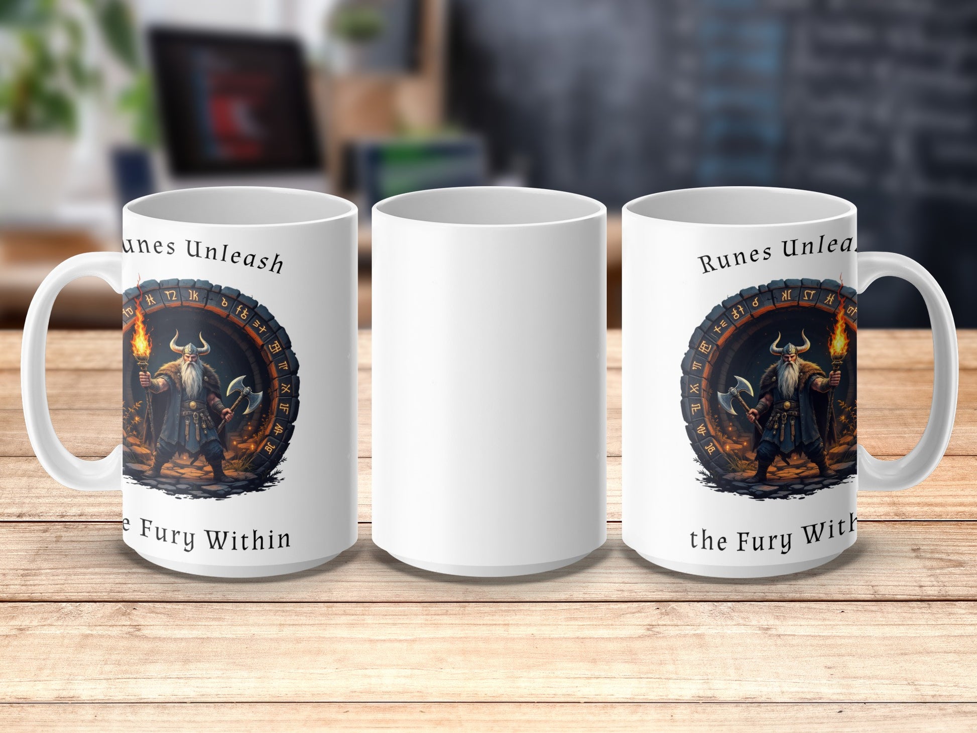 Viking Warrior Coffee Mug, Norse Mythology Runes Unleash the Fury, Unique Gift Idea, Ceramic White Mug