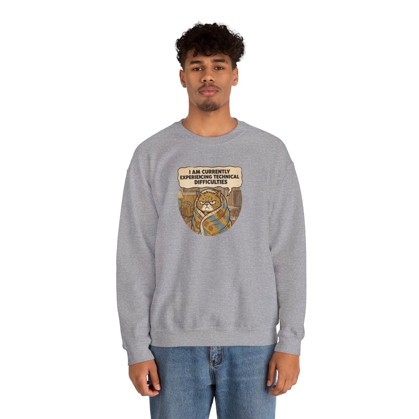 Gray sweatshirt with a cartoon cat wearing a blanket and saying "I AM CURRENTLY EXPERIENCING TECHNICAL DIFFICULTIES."