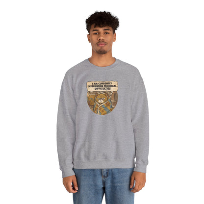 Gray sweatshirt with a cartoon cat wearing a blanket and saying "I AM CURRENTLY EXPERIENCING TECHNICAL DIFFICULTIES."