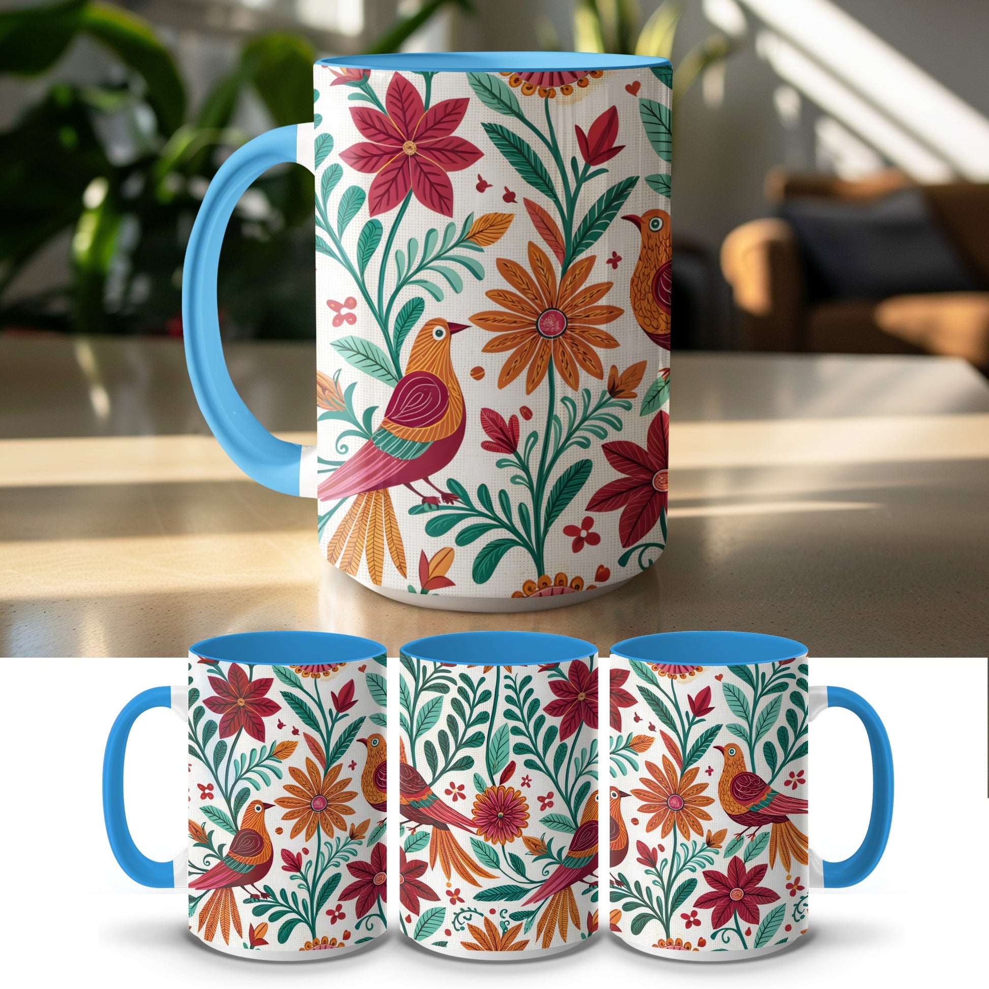 Colorful Floral and Bird Design Coffee Mug product type