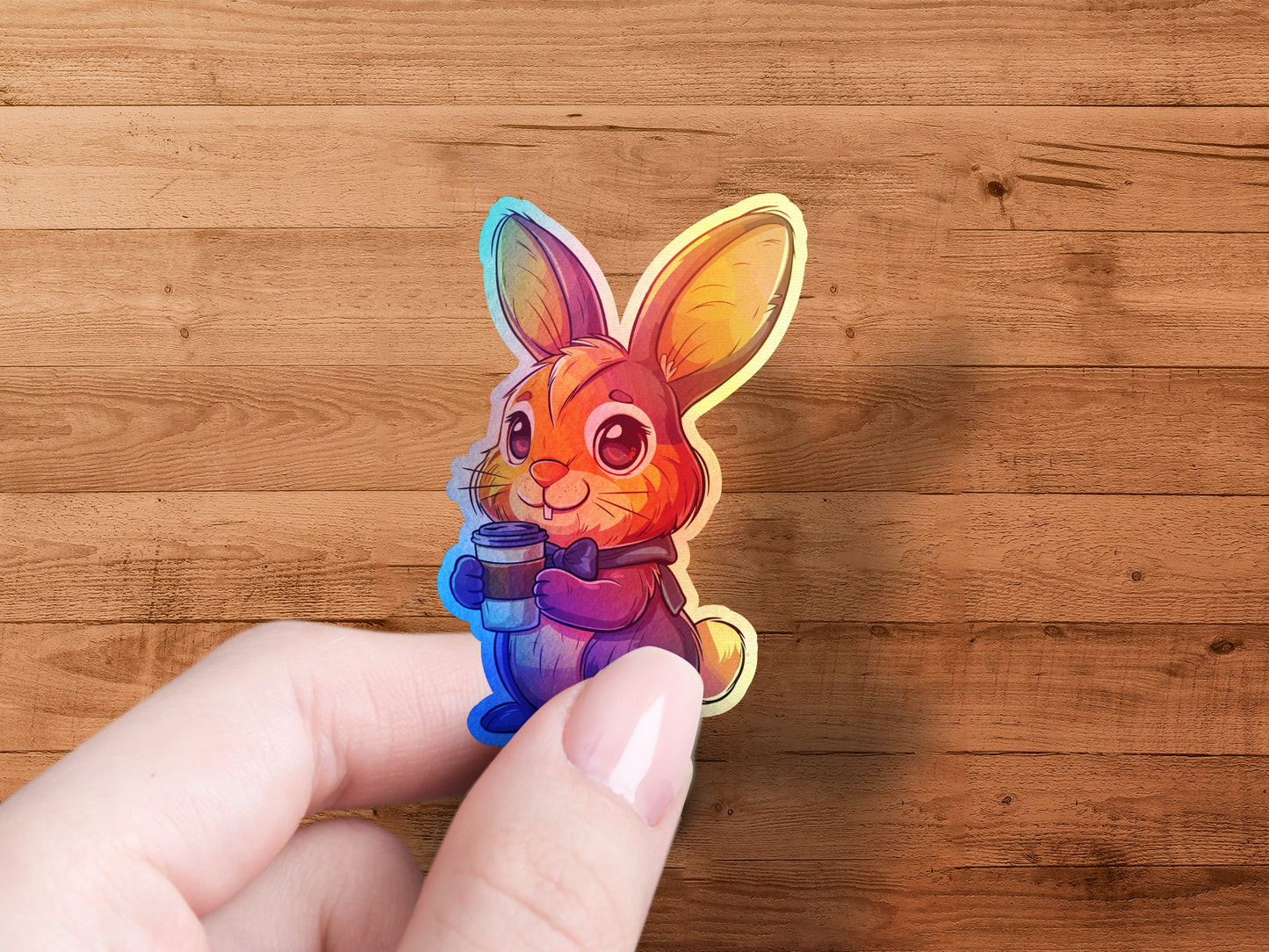 Colorful Hand Drawn Bunny Holding Mug Sticker product