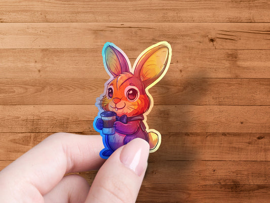 Colorful Hand Drawn Bunny Holding Mug Sticker product