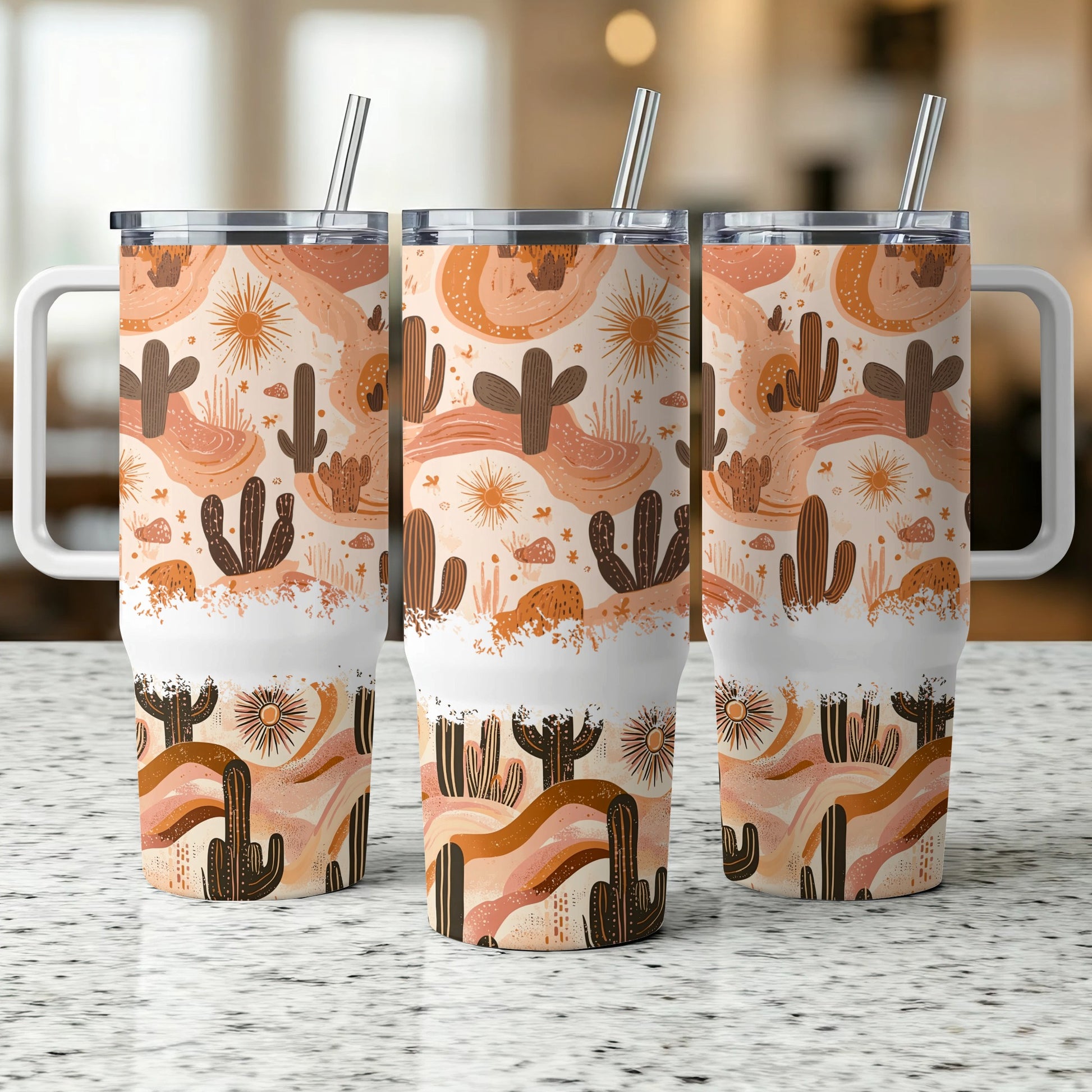Desert Cactus Pattern Tumbler with Straw, Insulated Cup, Boho Travel Mug, Gift Idea, 20oz Drinkware, Eco-Friendly Reusable Cup