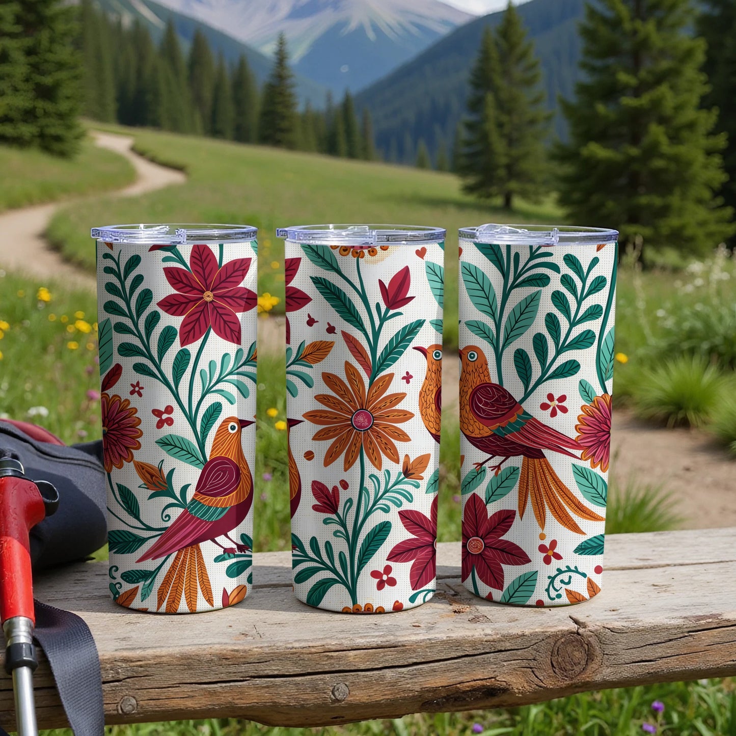 Floral Birds on White Tumbler Cup Artistic Drinkware Product