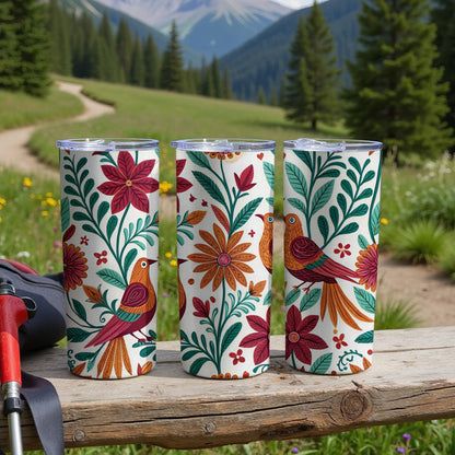 Floral Birds on White Tumbler Cup Artistic Drinkware Product