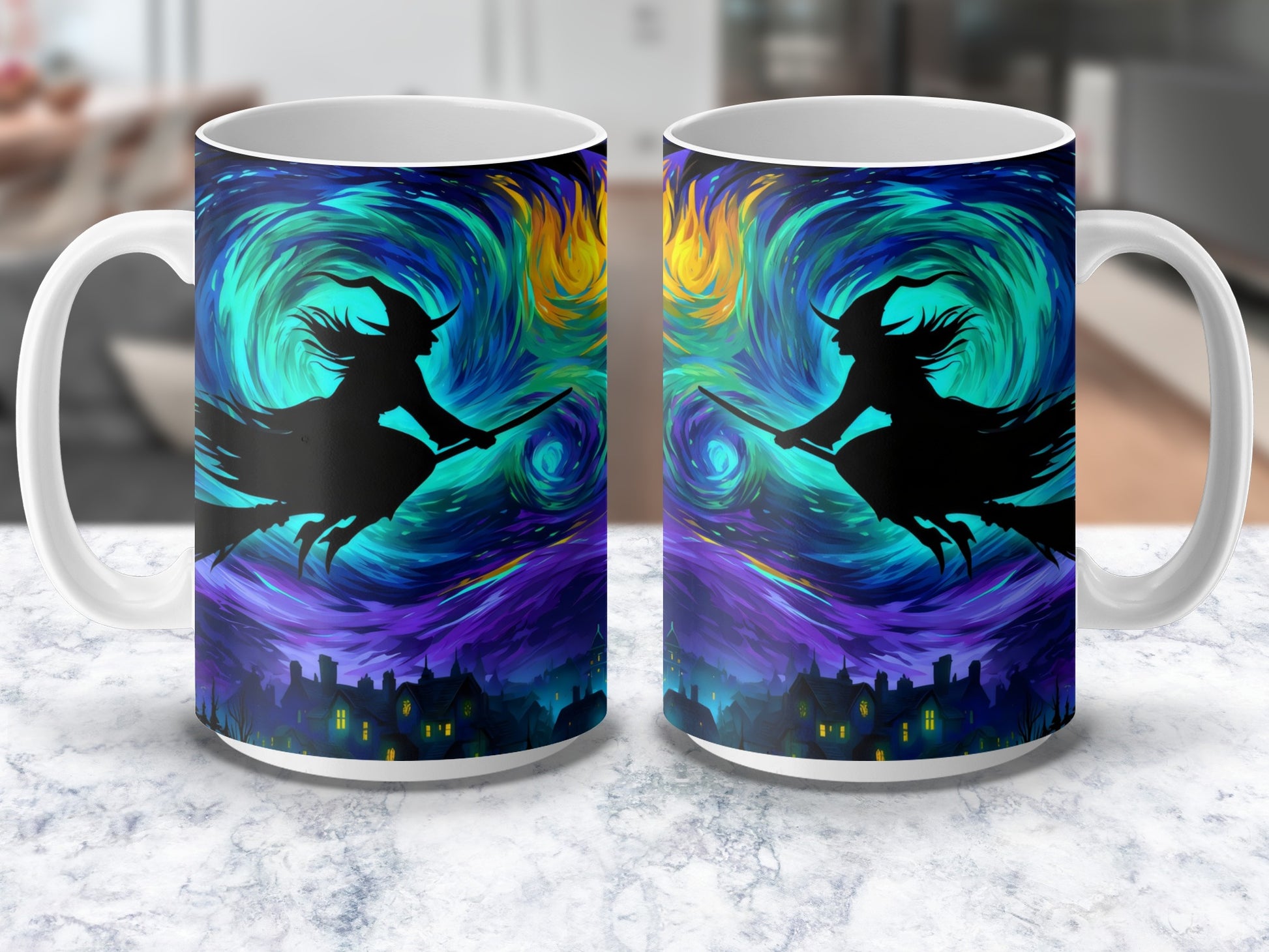 Witch Silhouette Coffee Mugs, Vibrant Swirling Colors, Halloween Theme, Spooky Night Sky, Set of 2