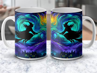 Witch Silhouette Coffee Mugs, Vibrant Swirling Colors, Halloween Theme, Spooky Night Sky, Set of 2