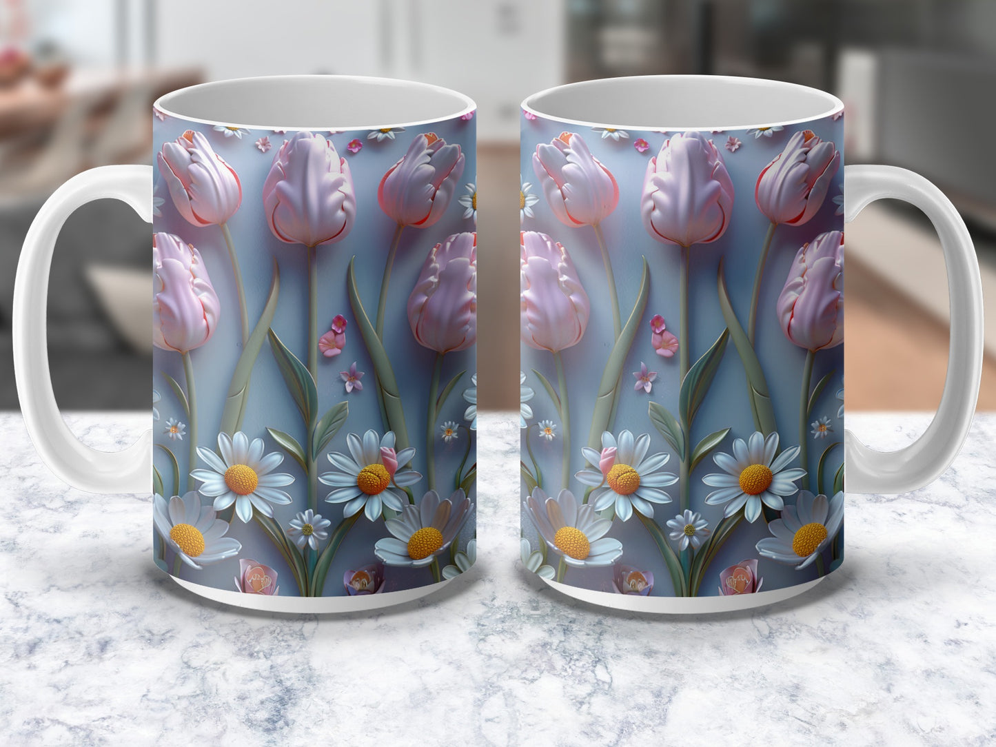 Floral Coffee Mugs, Tulip and Daisy Print, Spring Flowers Tea Cup, Ceramic Mug Set of 2, Gift Idea