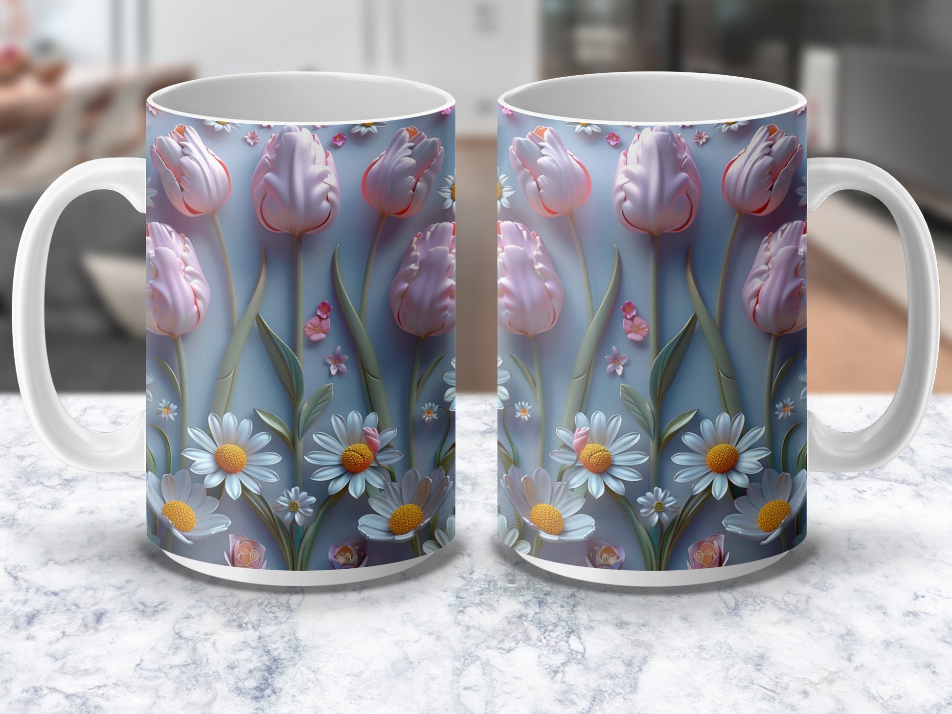 Floral Coffee Mugs, Tulip and Daisy Print, Spring Flowers Tea Cup, Ceramic Mug Set of 2, Gift Idea