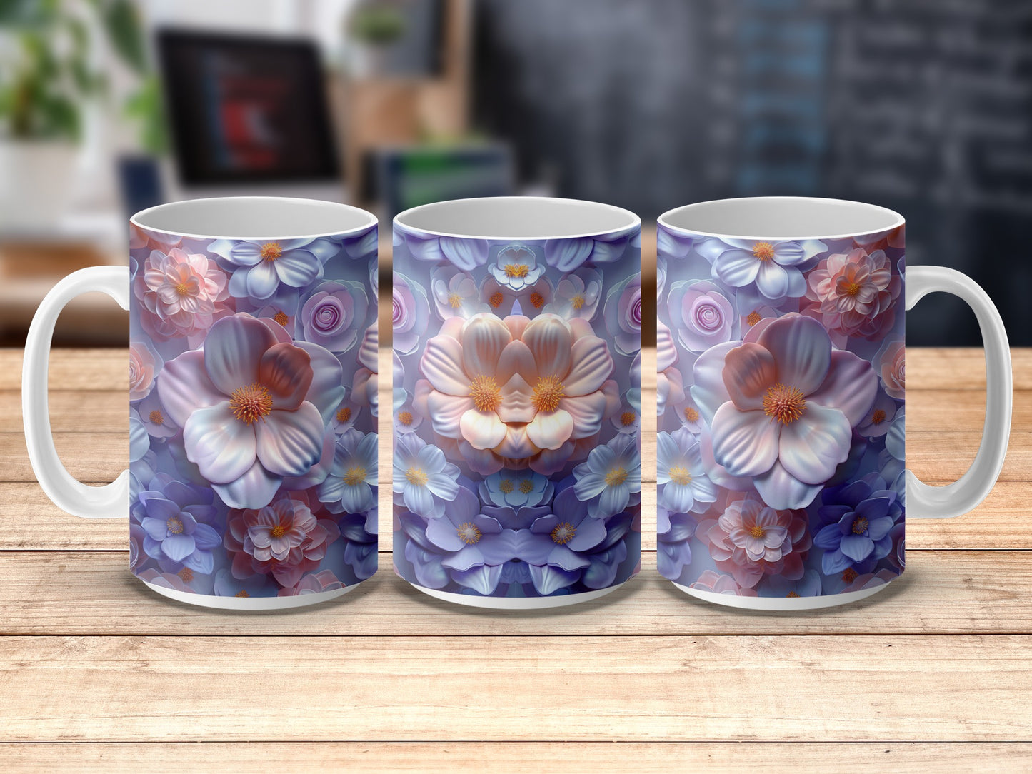 Floral Pattern Coffee Mug Set, Purple and Blue Flowers, Ceramic Tea Cups, Home Decor Kitchenware, Gift Idea