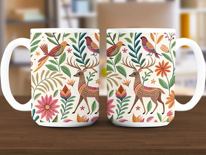 Colorful Floral Deer and Bird Patterned Mug product type